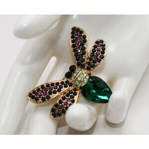 Vintage Rhinestone Insect Brooch Green Body Purple Black Wings